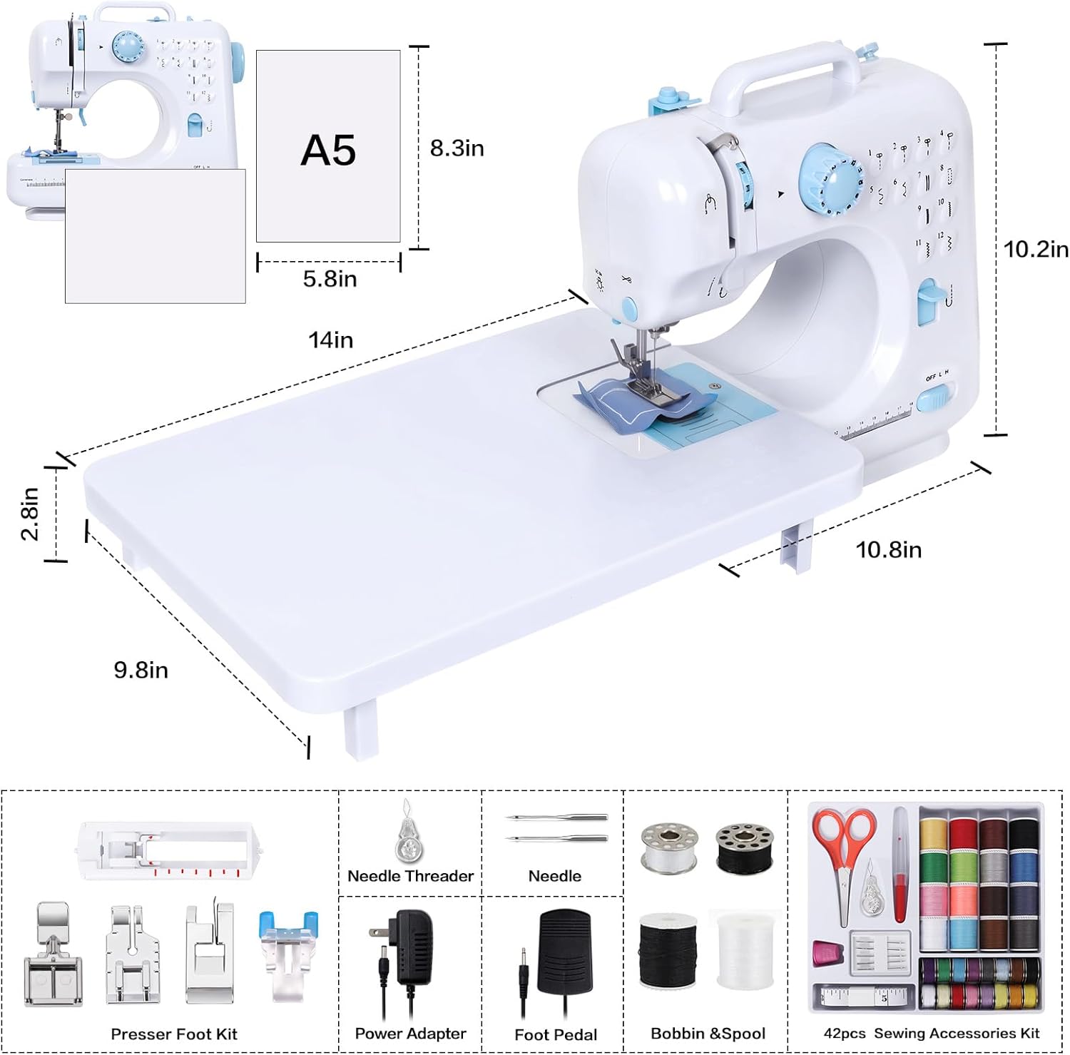 Tidjani Sewing Machine for Beginners, Mini Sewing Machine with Extension Table, 6 Replaceable Presser Feet, Portable Sewing Kit, Equip 12 Stitches, Suitable for Kids, Adults Beginners - Image 2