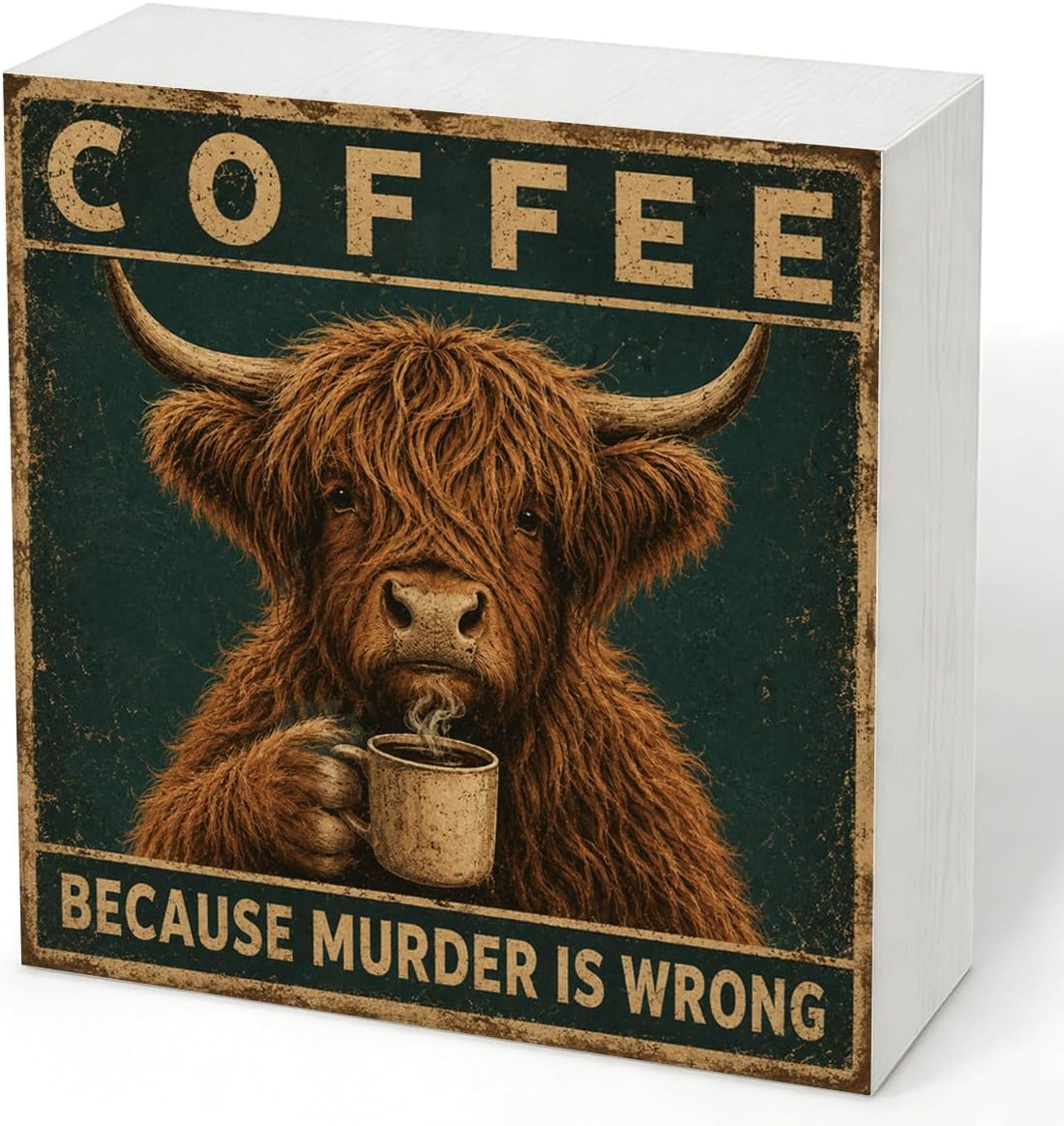 Coffee Bar Decor Wood Box Sign, Highland Cow Murder Is Wrong Tabletop Decor