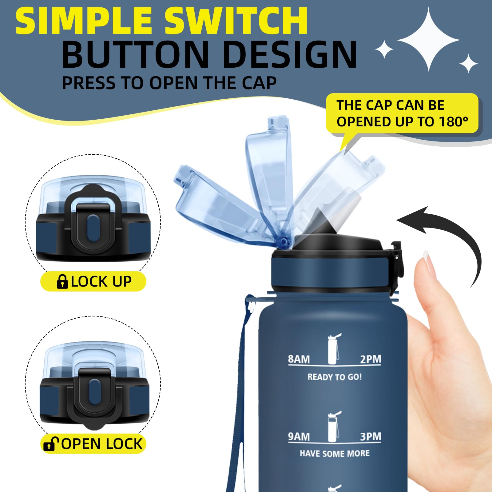 Botella Agua 1 litro, A Prueba de Fugas Cantimplora con Pajita, Botella Agua Gimnasio, Diseño de Cerradura, Cantimplora con Marcador de Tiempo para Exterior, Oficina, Deportes, Gimnasio - 5