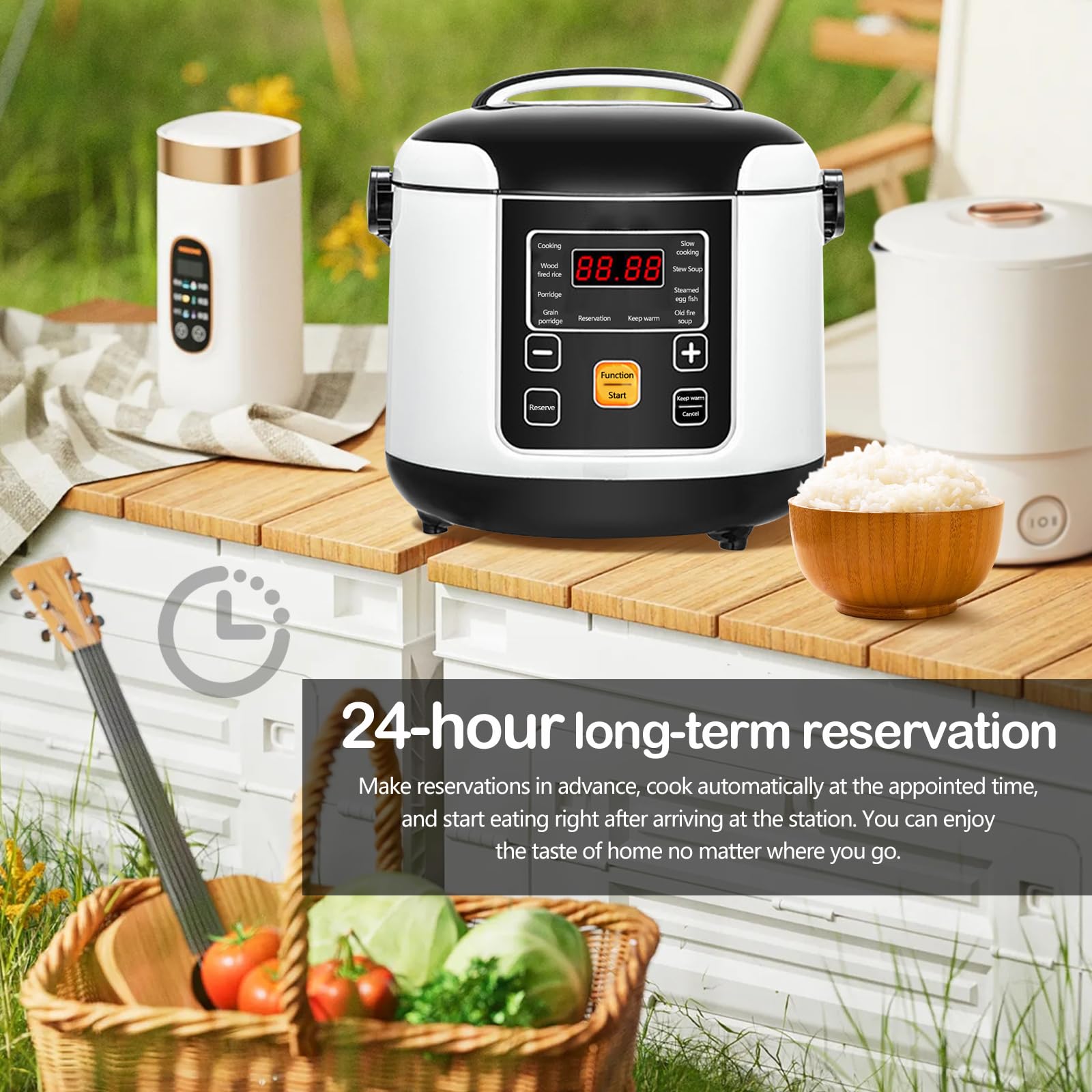 Cuociriso Per Auto, 200w 12v/24v Piccolo Cuociriso Portatile Funzione Di Prenotazione 24 Ore Funzione Di Mantenimento In Caldo Per Cucinare Zuppa Di Riso E Porridge Capacità 2l