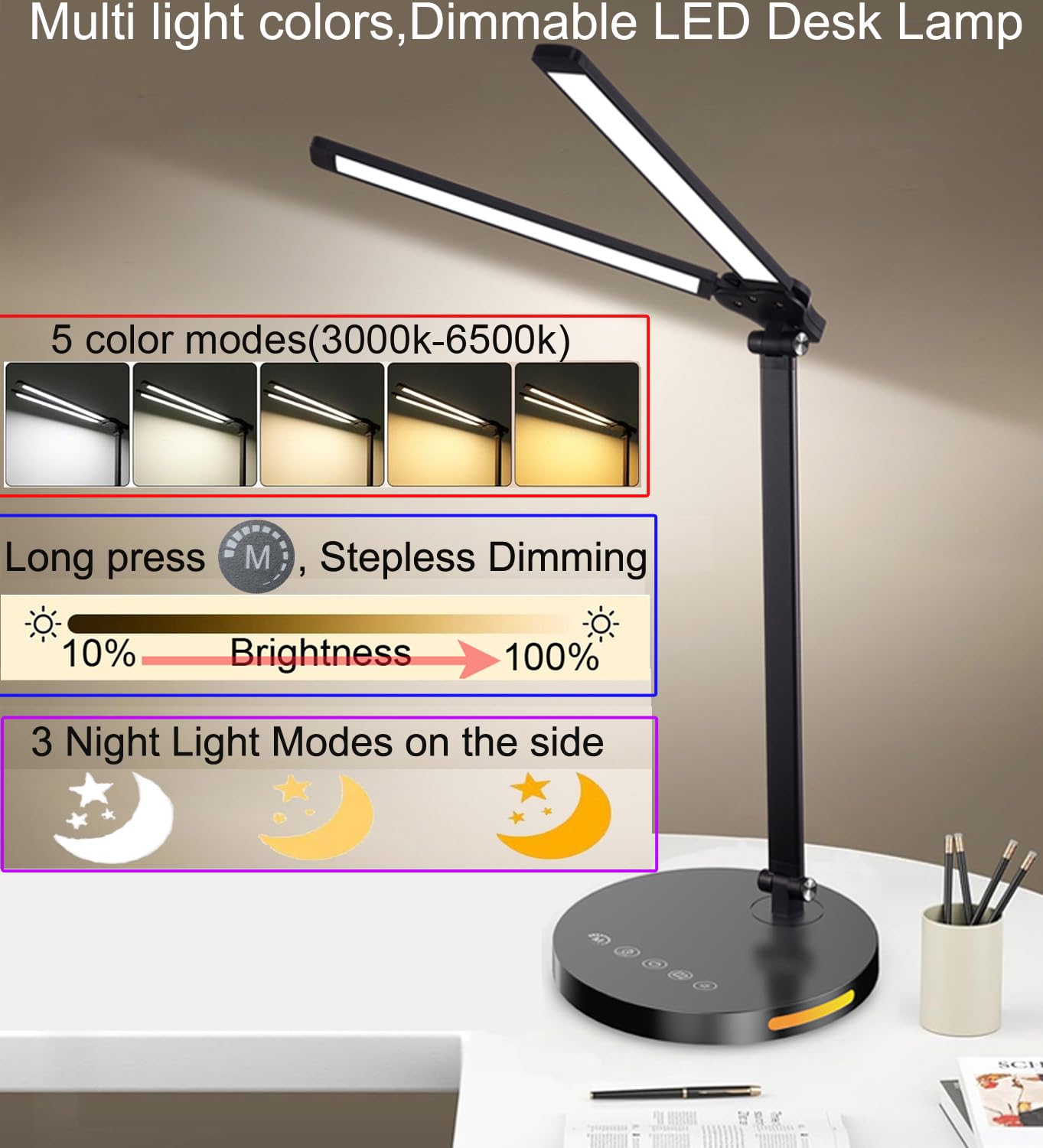 Dual Swing Arm LED Desk Lamp W/Dual Heads,Eye-Caring Table Reading Light W/5 Light Colors/Stepless Dimming/45Min Timer/3 Night Light Modes,Foldable Touch Control Beside Desk Light for Work,Study,Black - Image 3