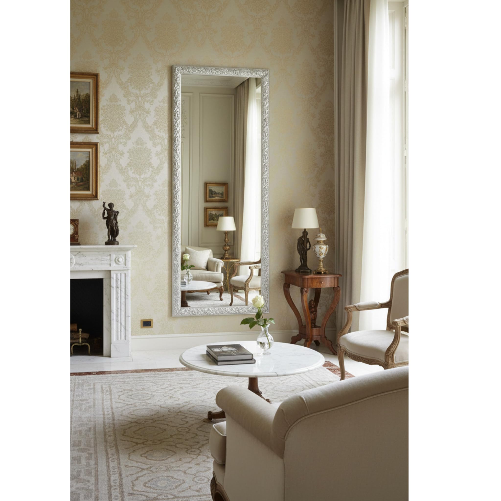 MO.WA Specchio da Parete Argento Cornice Barocca in Legno cm. 55x145 da Appendere Verticale/Orizzontale. per Ingressi, Camere da Letto, Bagni, Soggiorni e Tutti Gli Ambienti. Made in Italy.