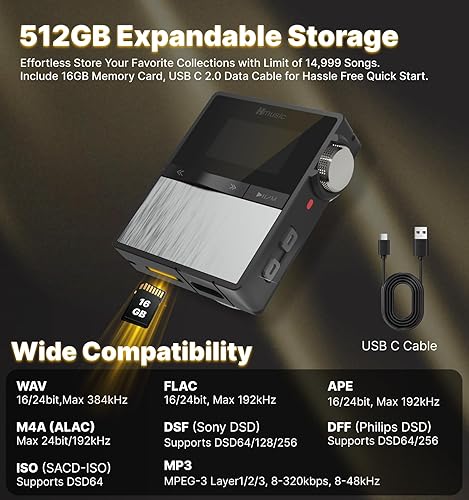 Miniatura 4 de Hmusic Reproductor de MP3 de alta fidelidad P68, reproductor de música DSD FLAC DAP, audio de alta resolución sin pérdidas, AKM4377 DAC,