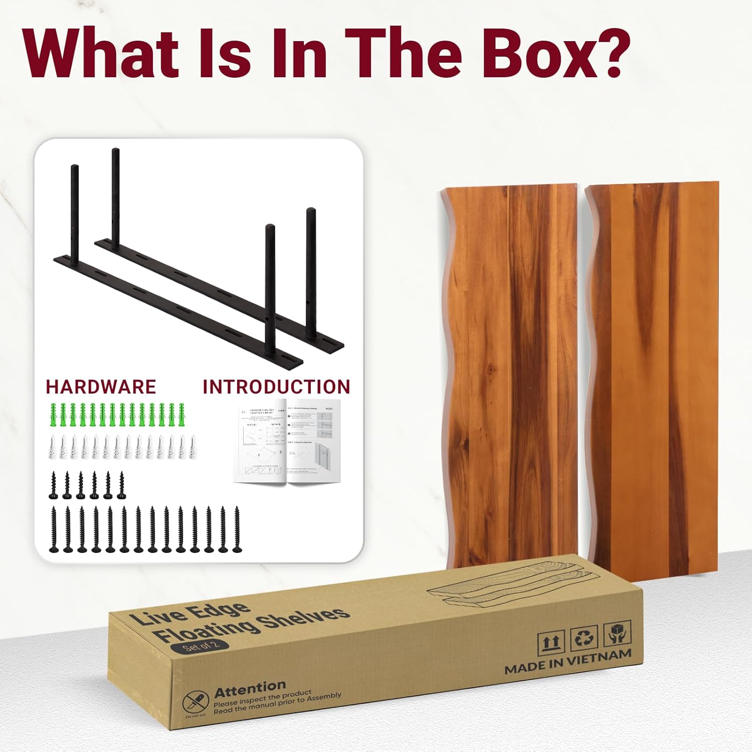 24" Live Edge Floating Shelves – Set of 2 | Acacia Wood Wall Shelves with Rustic Golden Teak Finish | Floating Shelves for Wall Decor in Living Room, Kitchen, Bathroom, or Bedroom | 24x8 in