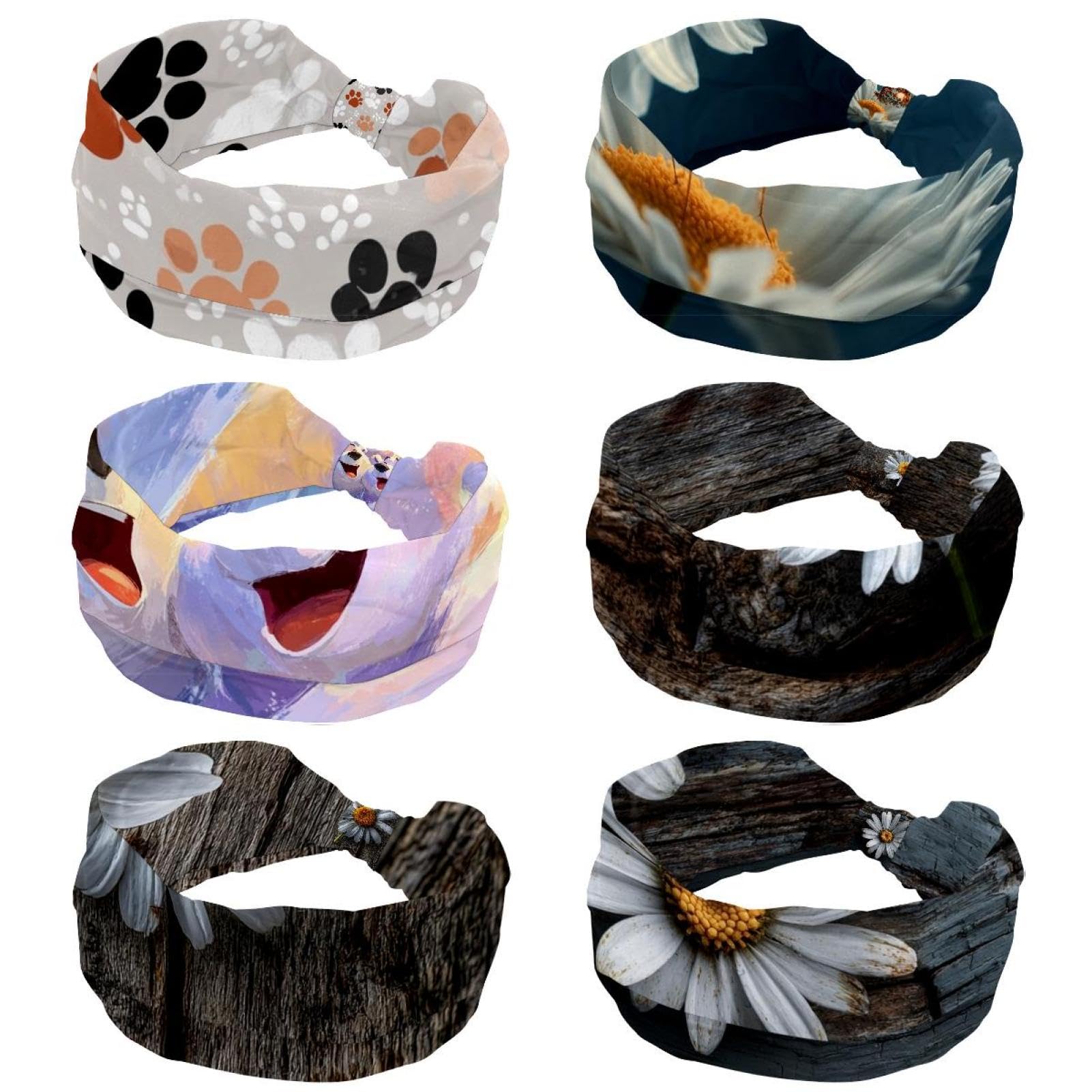 Lot de 6 bandeaux élastiques pour femme avec motif marguerites et papillons - Pour yoga, entraînement, transpiration, doux et simple