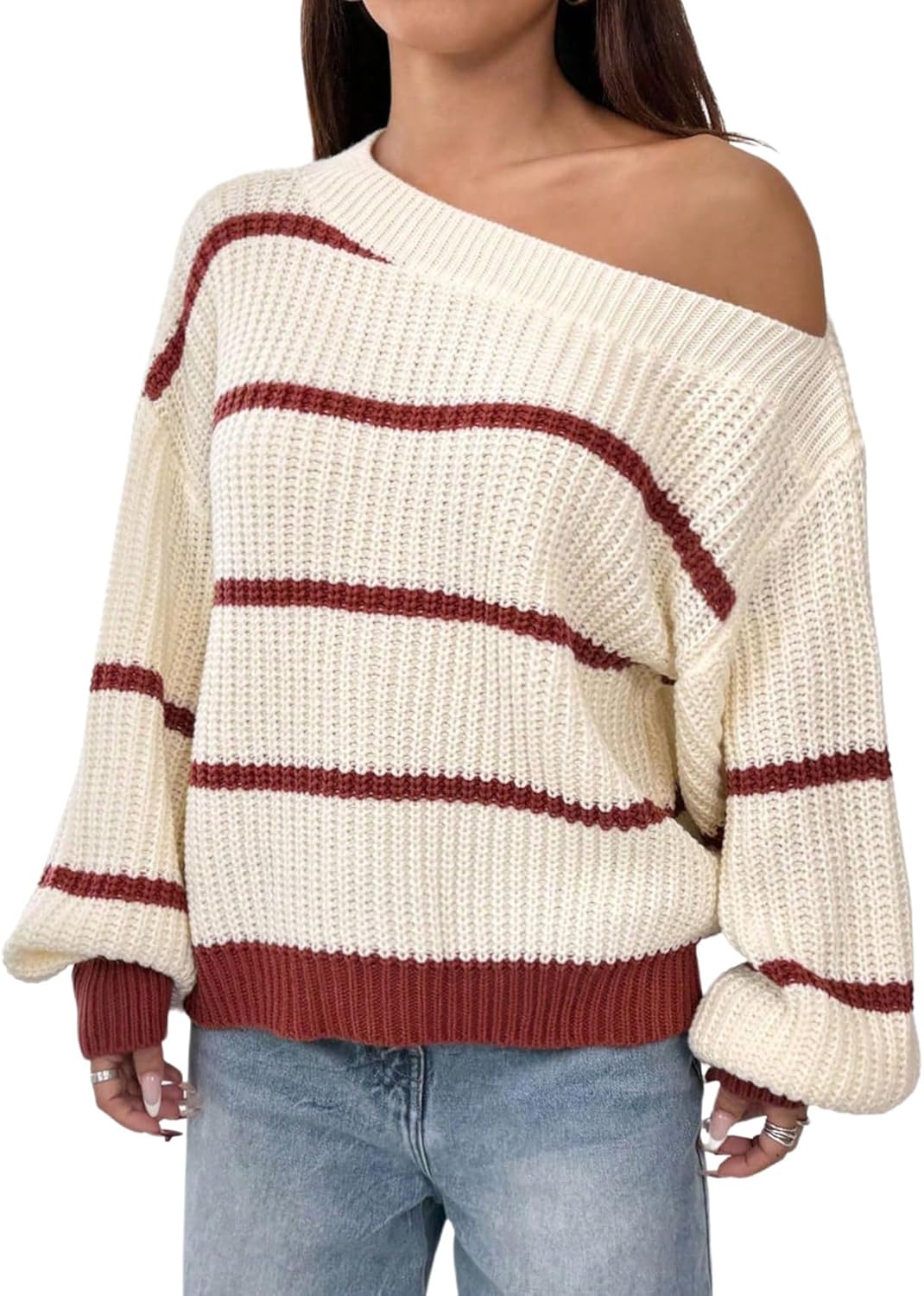 Verdusa Women's Oversized Off The Shoulder Sweater Chunky Knit Striped Long Sleeve Pullover Tops Fall Clothes - Image 6