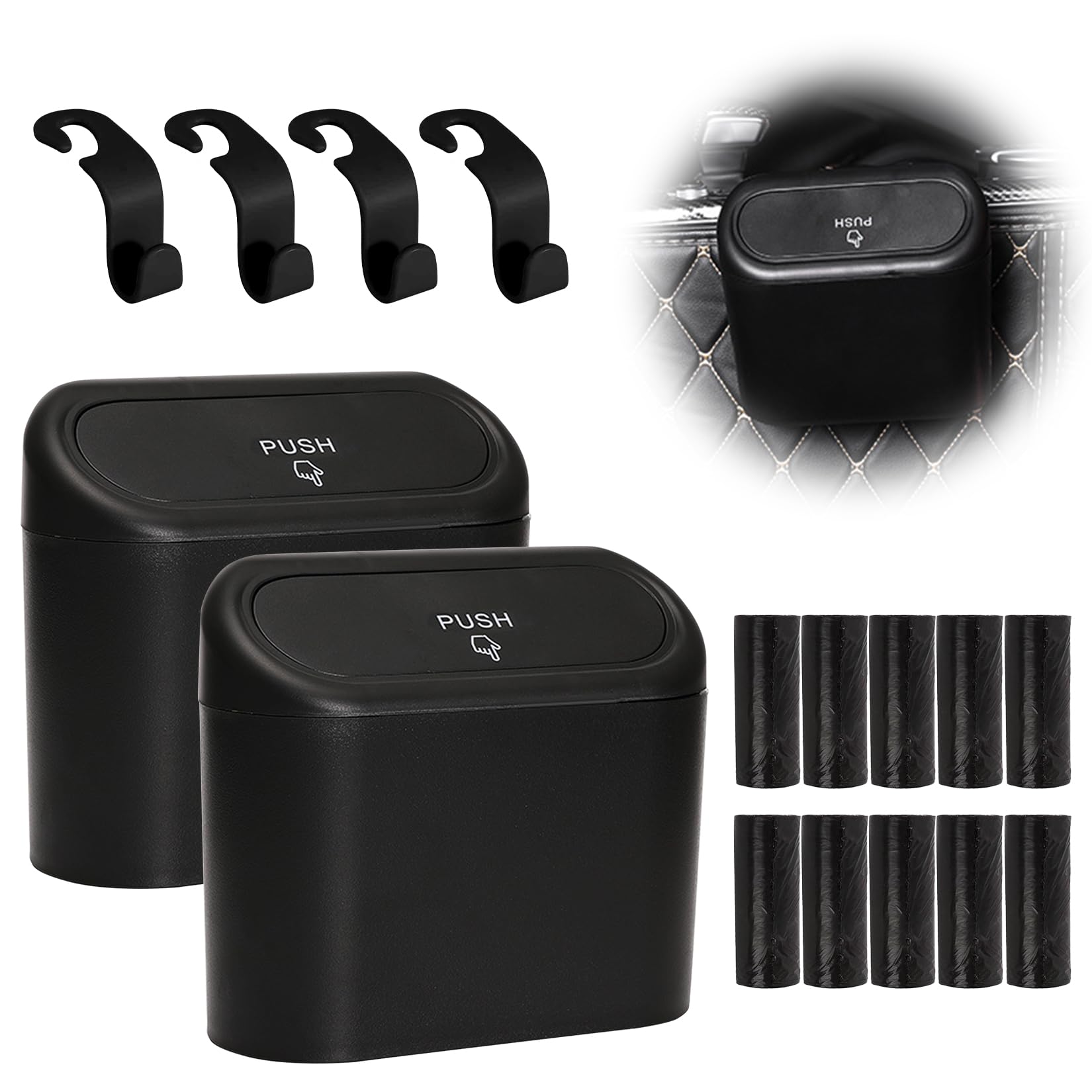 Idota 2 Stück Auto Mülleimer, Automülleimer mit 150 Auto Müllsäcke und 4 Stück Autositzhaken, Mülleimer Auto Multifunktional Automülleinmer mit Deckel, Mülleimer für Auto, Auto Accessoires