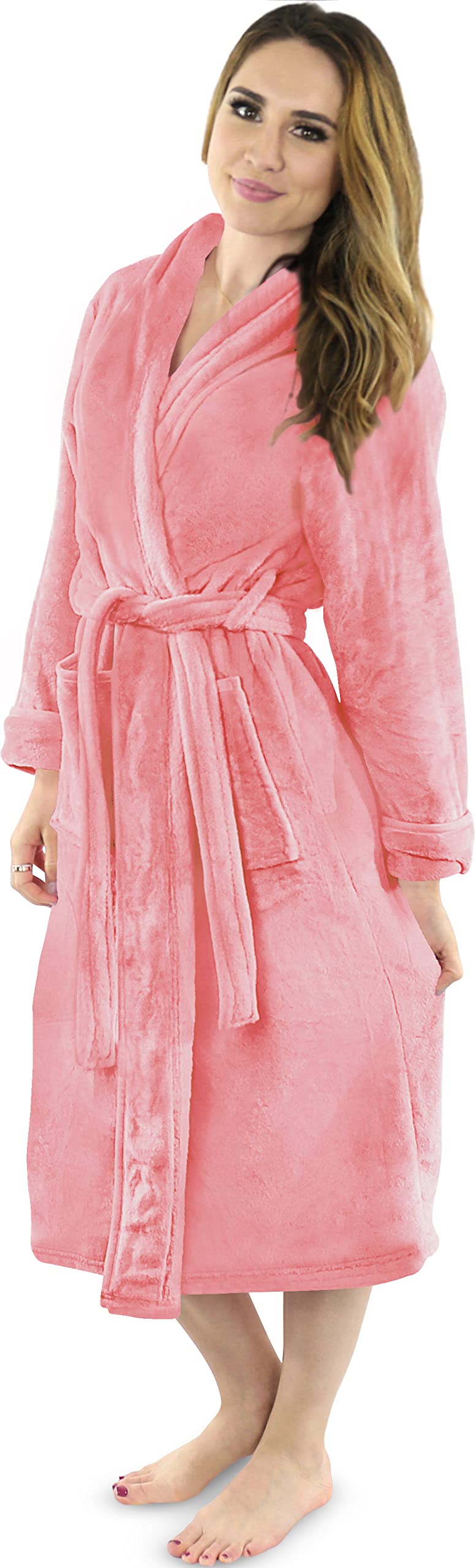 ny threads womens fleece bathrobe - shawl collar soft plush spa robe (medium, coral)