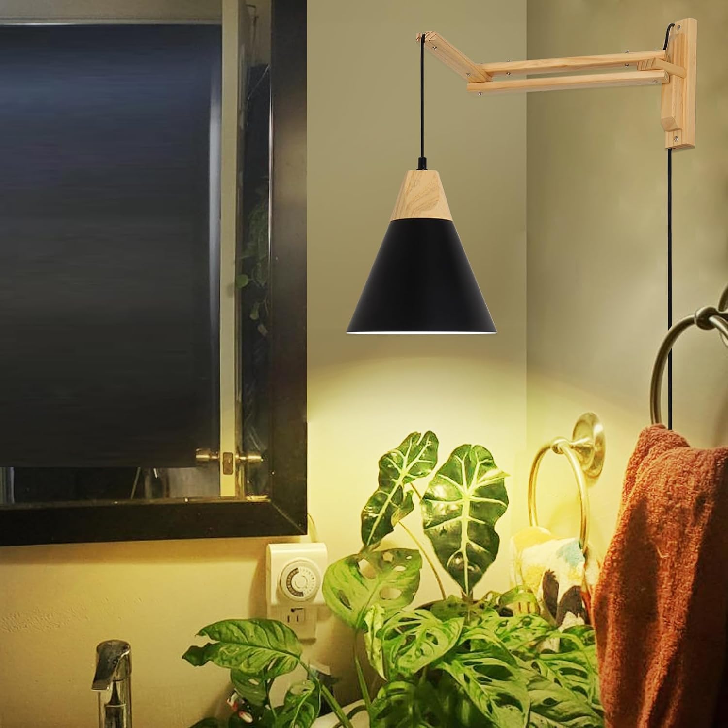 HMVPL Hanging Grow Lights for Indoor Plants Full Spectrum, Plant Light for Indoor Growing with 20W COB Grow Light Bulb, Wall Mounted Grow Light with Swing Arm, 4/8/12H Timer for Large Small Plant