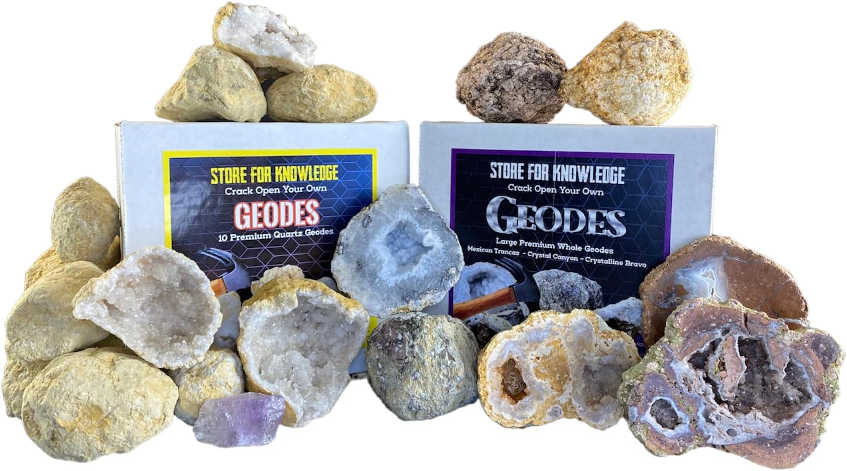 - Combo Pack - 13 Large Break Open Your Own Geodes - Mexican Trancas - Crystal Canyon - Bravos Crystalline - Quartz Geodes - Cut Bravos Geode - Gift Set