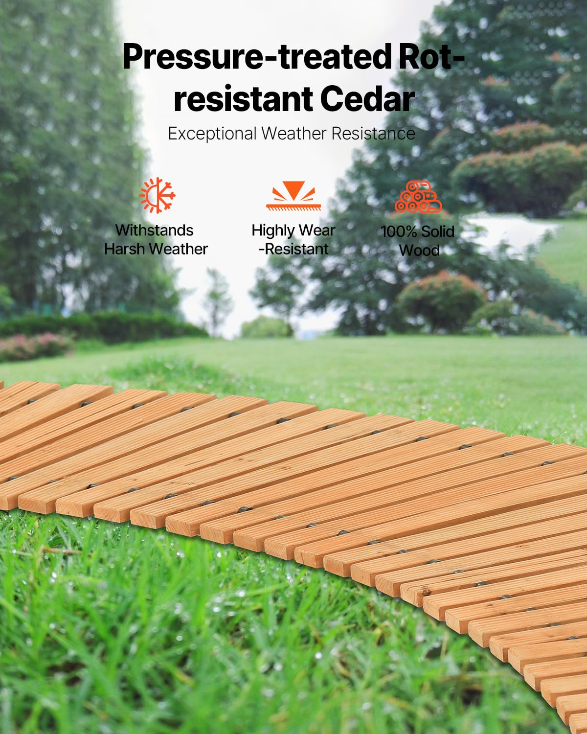 VEVOR Chemin de Jardin en Bois, 253x43 cm, Allée de Jardin Incurvée Déroulante Antidérapante Décorative en Cèdre avec Connexion par Câble Métallique, pour Fêtes, Mariages, Cour, Terrasse, Extérieur