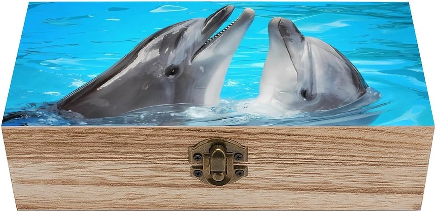 Cool Dolphin Wooden Storage Box,Durable Sturdy Wood Keepsake Container Retro Exquisite Wood Craft Boxes for Trinkets Recipes Receipts Jewelry