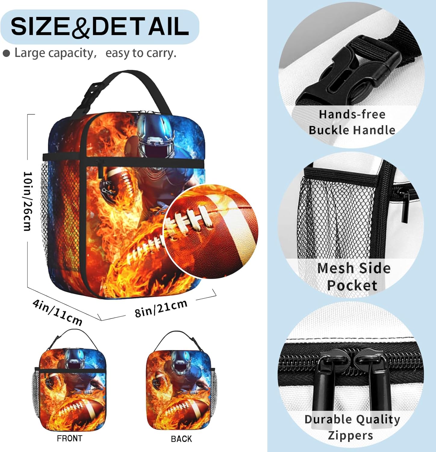 American Football Lunch Box for Boys Girls Insulated Rugby Sports Kids School Lunch Bag Reusable Cool Fire Football Lunchbox With Adjustable Shoulder Strap for School Work Travel - Image 2