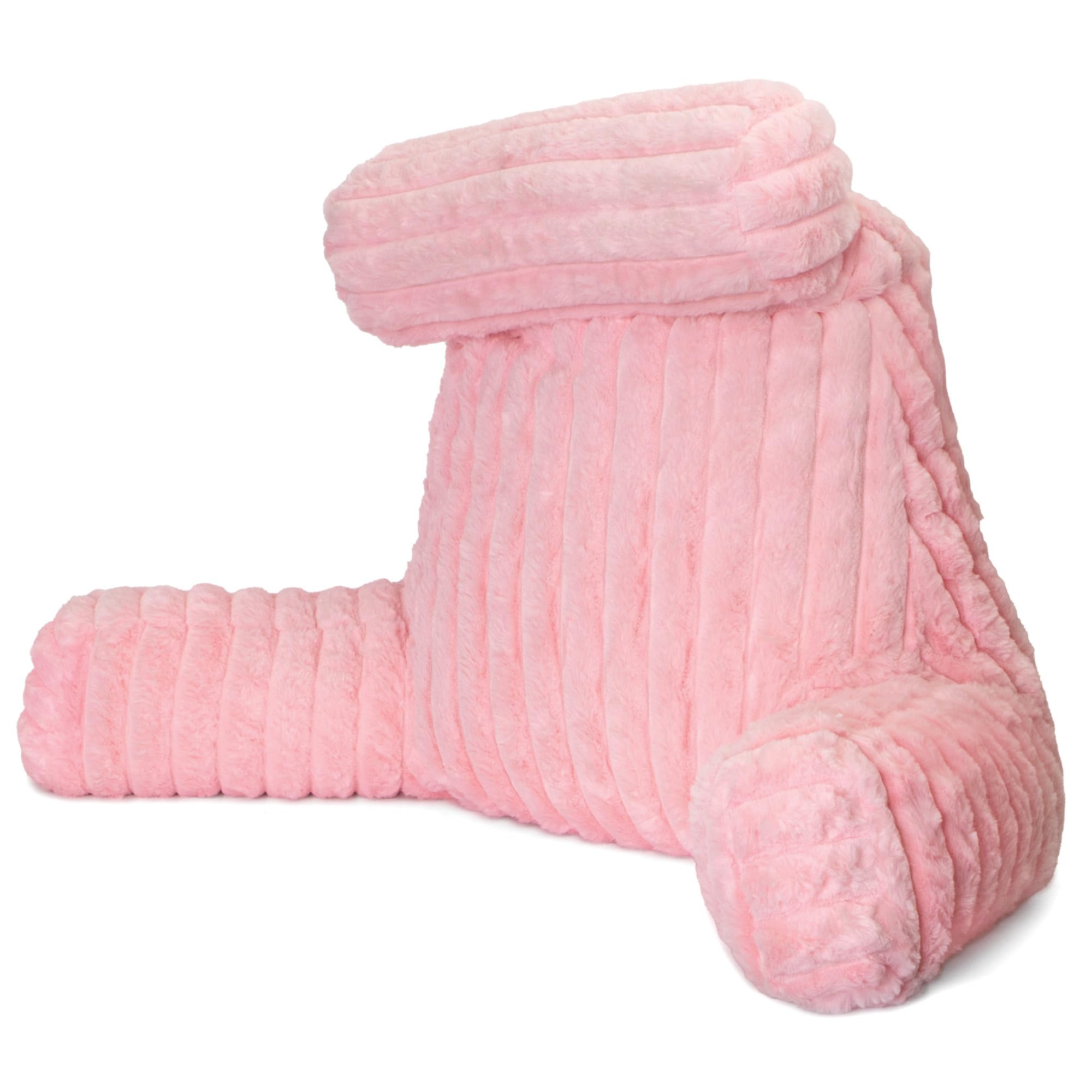 Aamira Pink Faux Fur Ribbed Reading Pillow, Xl Shredded Memory Foam Backrest Cuddle Cushion With Arms, Detachable Headrest & Back Pocket, Ideal For Back Support, Bed, Reading Or Gaming Cushion