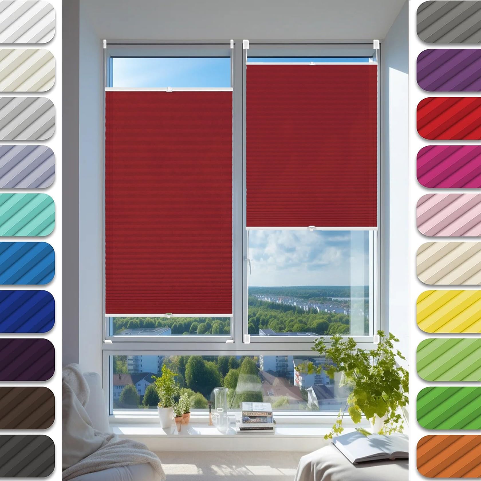 Klemfix Store Plissé Occultant sans Perçage 40 x 60 cm, sans Perçage, Opaques et Translucides, Store de Fenêtre Klemmfix sans Perçage, Store Occultant Portable, pour Fenêtres, Rouge