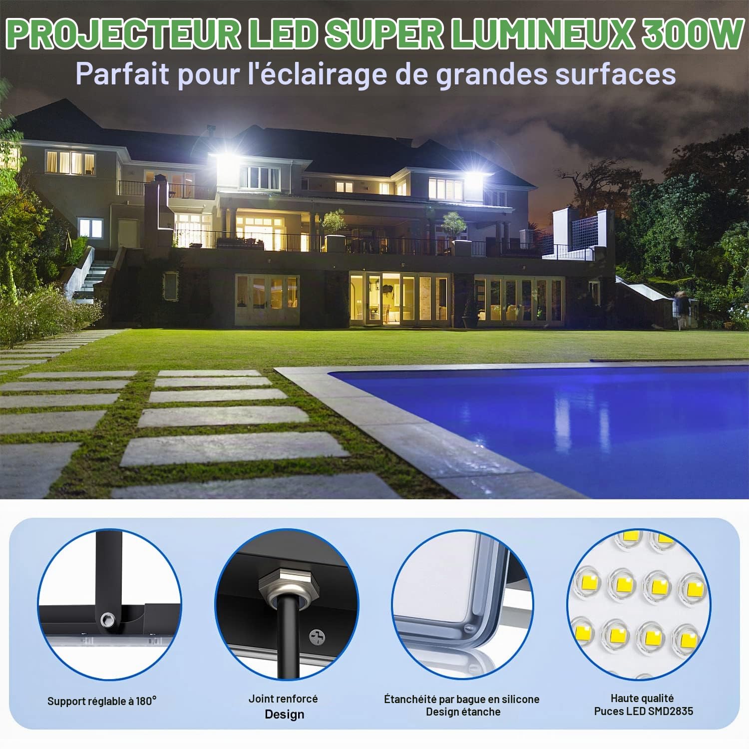 Projecteur LED Extérieur 300W 1 Pièce, 30000LM Spot LED Exterieur