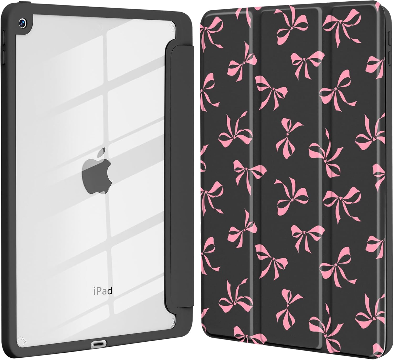Idocolors Cute Bow Case for iPad Air(2024) 13 ", Clear Hard Back Cover with Pencil Holder, Tri-fold Stand Full Wrap Protective Case for Women Girls, Pink Bow/Black