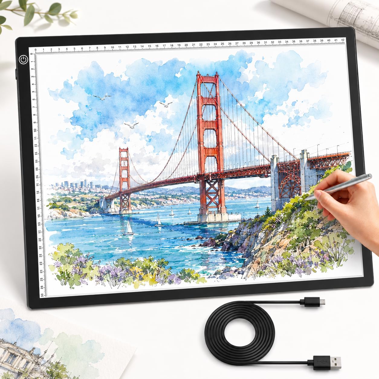 A4 LED Tracing Light Box丨Light Pad - Copy Board with Full-Edge Ruler Frame丨3 Adjustable LED, Premium Acrylic for Art, Drawing, Sketch, Animation, Design, Tattoo, Diamond Painting, X-ray Viewing