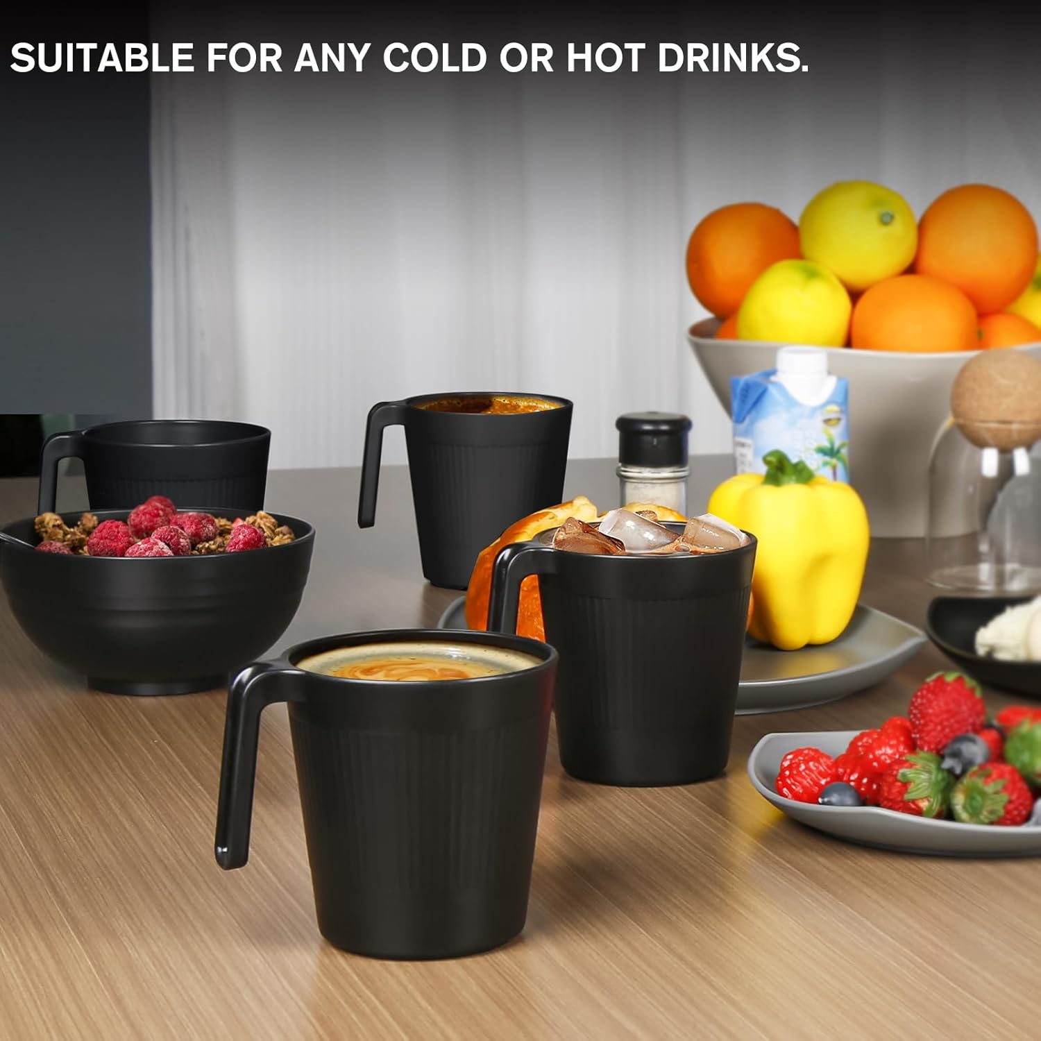 Ribbed Drinking Glasses Coffee Mugs Set of 8, Plastic Coffee Cups 16.9 OZ Unbreakable Tumblers with Handle, Reusable Drinking Cups for Camping/Dorm/RV - Image 5