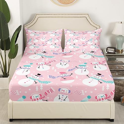 Miniatura 4 de Juego de sábanas de Navidad rosa tamaño matrimonial, juego de sábanas de muñeco de nieve para niños y niñas, sábanas de árbol de Navidad con sábana