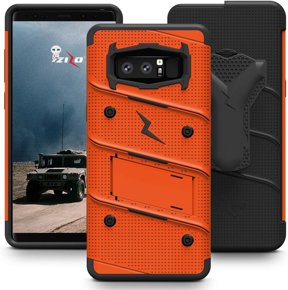 Samsung Galaxy Note 8 Case, Zizo [Bolt Series] FREE [Curved Full Glass Screen Protector]Kickstand[12 ft. Military Grade Drop Tested]Holster Note 8 Orange/Black