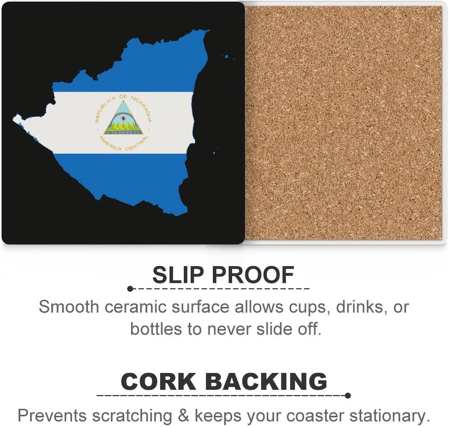 Flag Map of Nicaragua Funny Ceramic Coasters for Drinks Absorbent Cup Holder Tabletop Protector with Cork Base