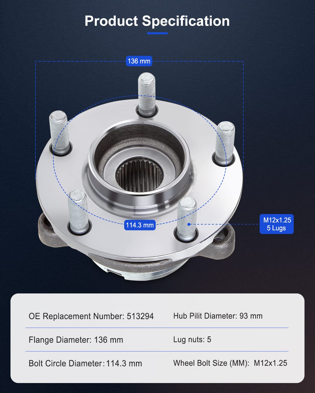 ECCPP 513294 New Brand Front Wheel Hub Bearing Assembly Replacement for Left Right Pair Set 2007 2008 2009 2010 2011 2012 2013 Nissan Altima 2.5L FWD (Driver or Passenger Side)