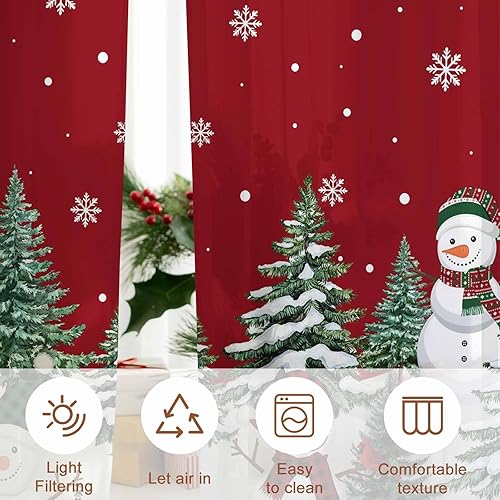 Miniatura 6 de Cortinas semitraslúcidas de muñeco de nieve de Navidad de 84 pulgadas de largo, cortinas con filtro de luz para ventana roja, cortinas con bolsillo