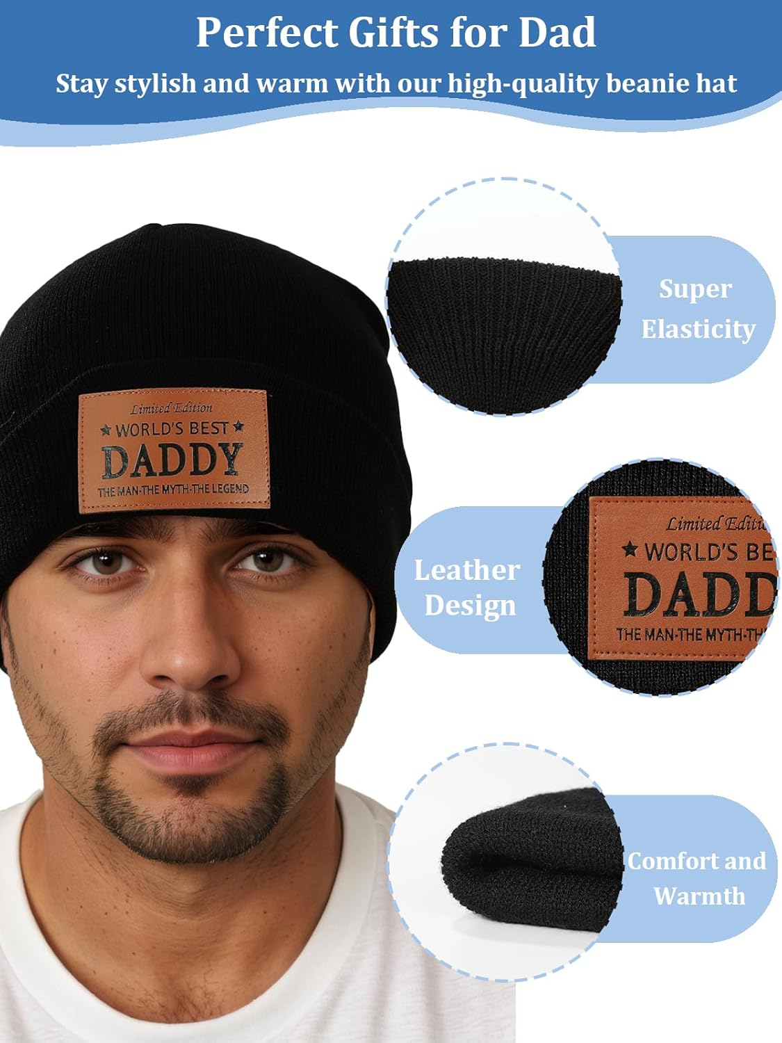 Men Gifts Worlds Best Dad Uncle Husband Leather Beanie Hat from Daughter Niece Christmas Stocking Stuffers Birthday Gifts - Image 4