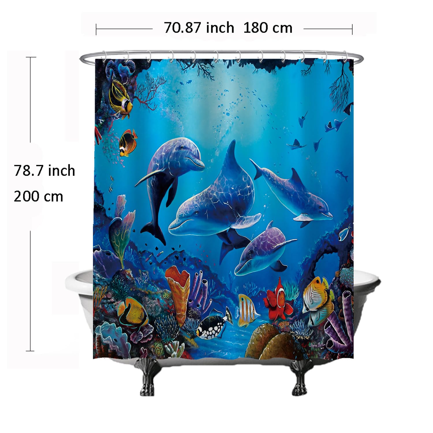 Ulticool Shower Curtain Nature Dolphin Sea Fish Aquarium Coral 180 x 200 cm Anti-Fungus with 12 Rings Blue - Image 2