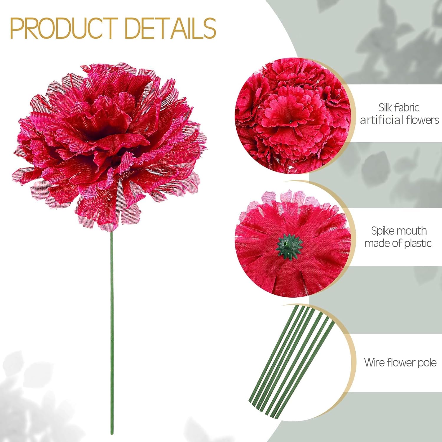 Tigeen 120 Pcs Silk Carnation Flower Artificial Carnations Fake Carnations Artificial Flowers Head for Wedding Decoration, DIY, Funeral Arrangements Wreaths Diameter 3.5'' and 6'' Stem (Red, White)