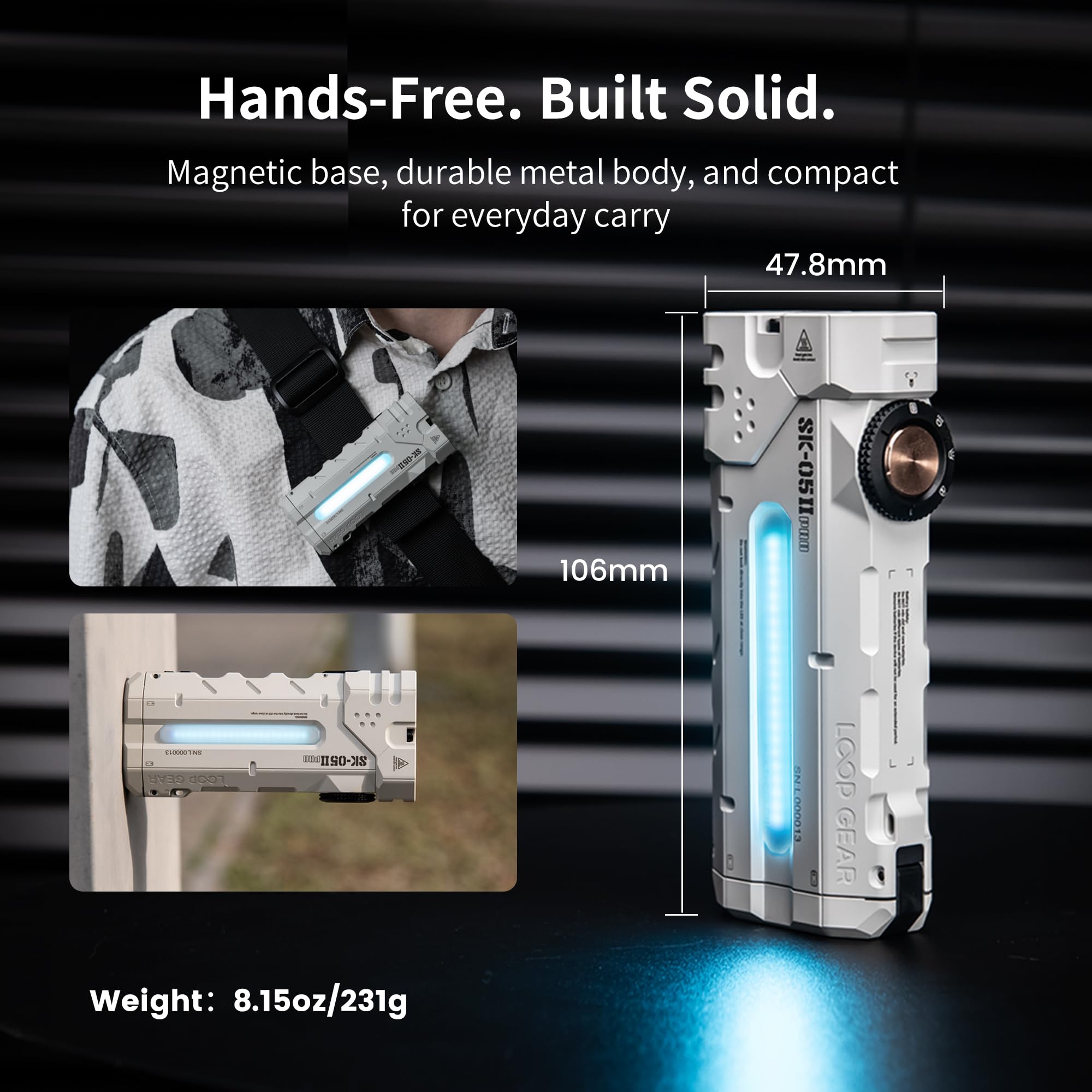 LOOP GEAR SK05 Pro 2 Mao Flat EDC Flashlight, 5000LM Rechargeable LED Flash Light with Spotlight & Floodlight, High-CRI Sidelight + RGB, Dual 4000mAh Replaceable Batteries, IP68 & Magnetic (White) - 5