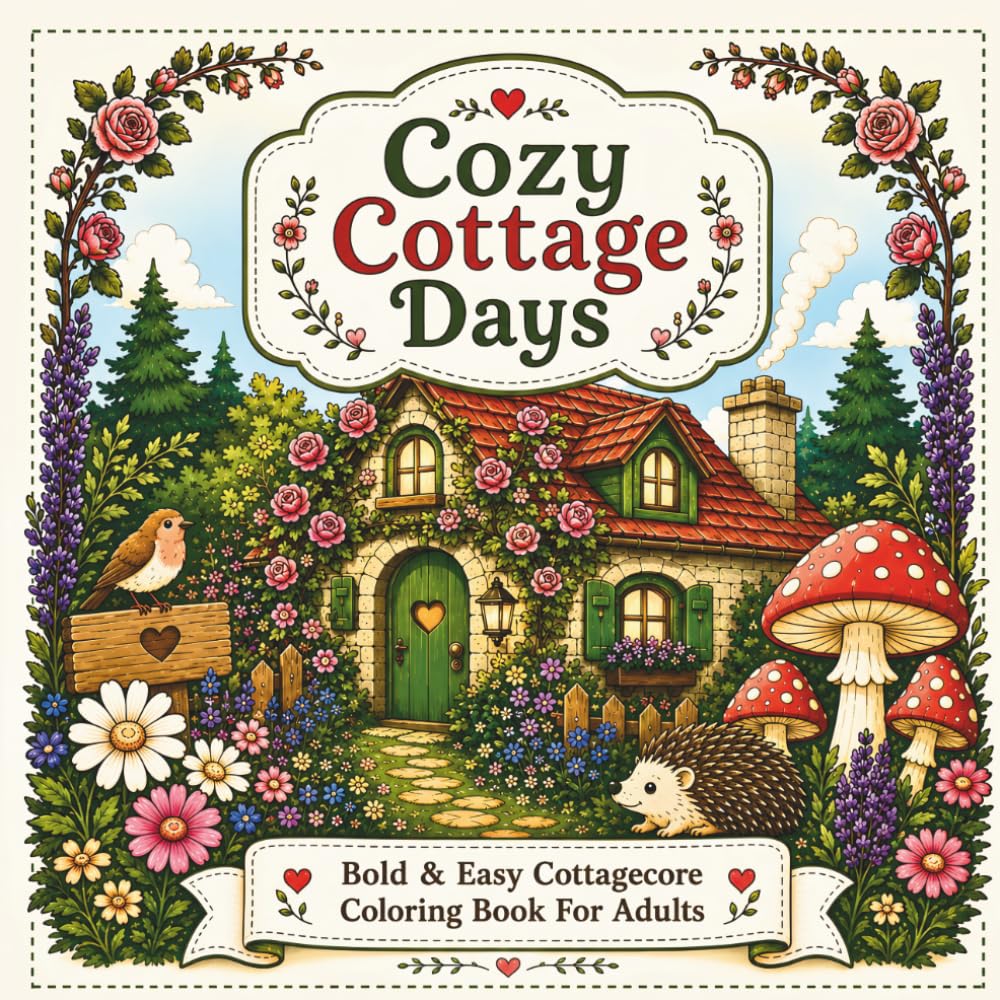 Cozy Cottage Days: Bold and Easy Cottagecore Coloring Book for Adults: Simple Large Print Designs of Cozy Cottages, Wildflowers, Mushrooms and Country Life for Relaxation