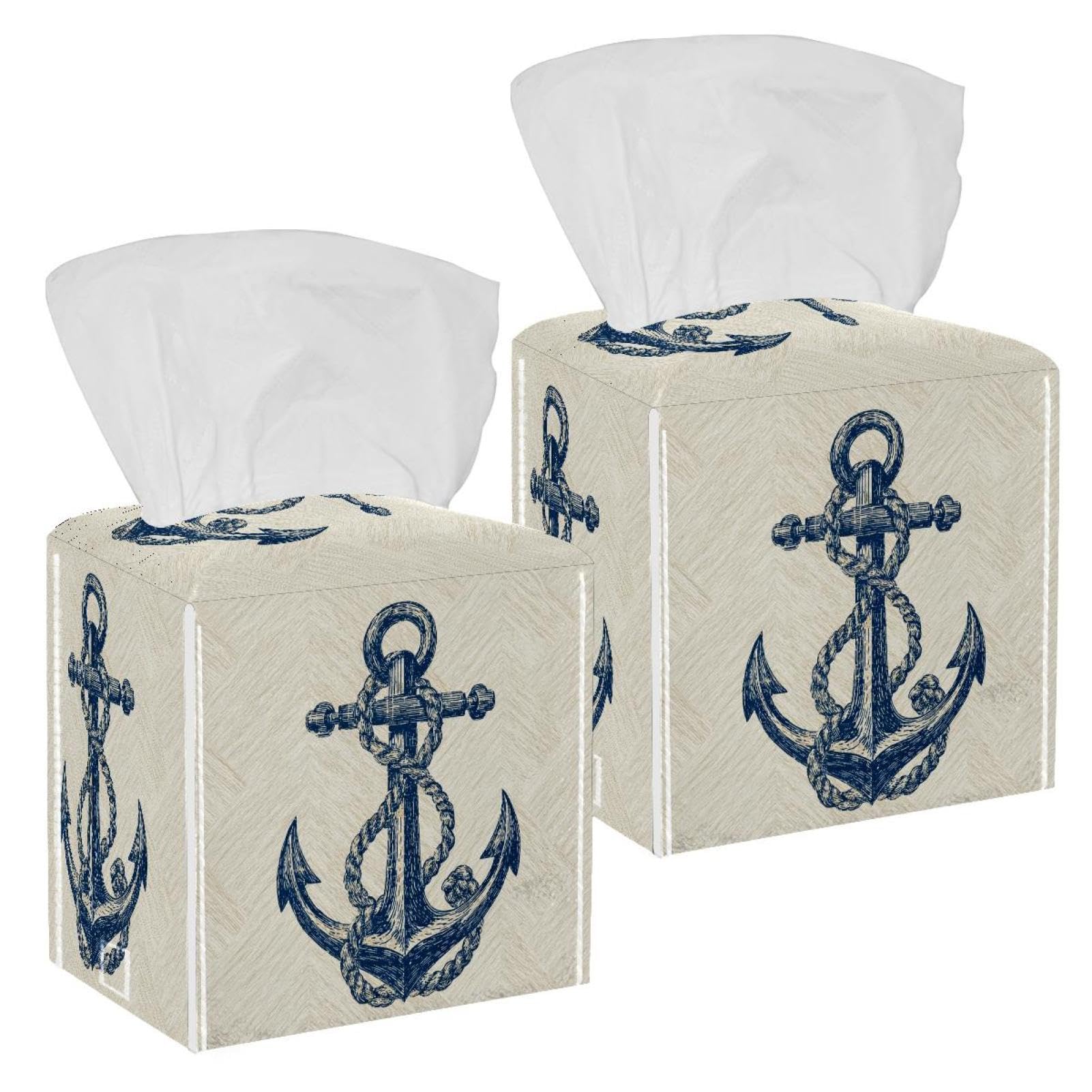 Anchor Tissue Box Cover, 2 Pack PU Leather Square Facial Tissue Dispenser Box holder for Home Office Car