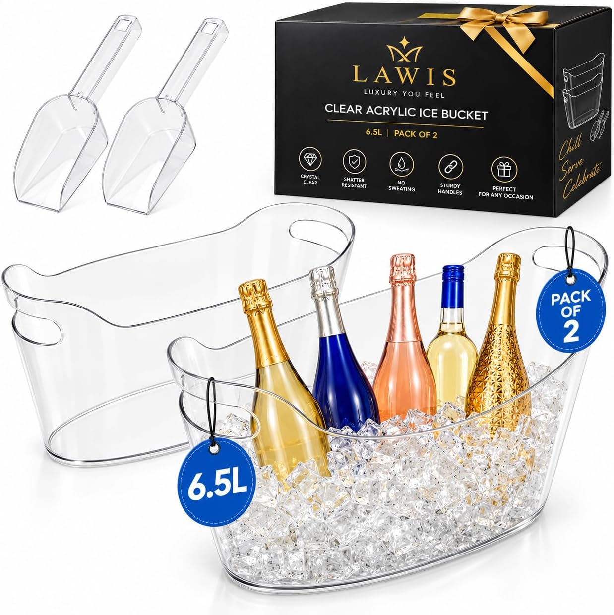 6.5L Acrylic Ice Bucket for Parties, 2 Pack champagne bucket with scoop Heavy-Duty Drop-Resistant Beverage Tub for Wine, Champagne, Beer, Drink Chiller for Mimosa & Wine Bar
