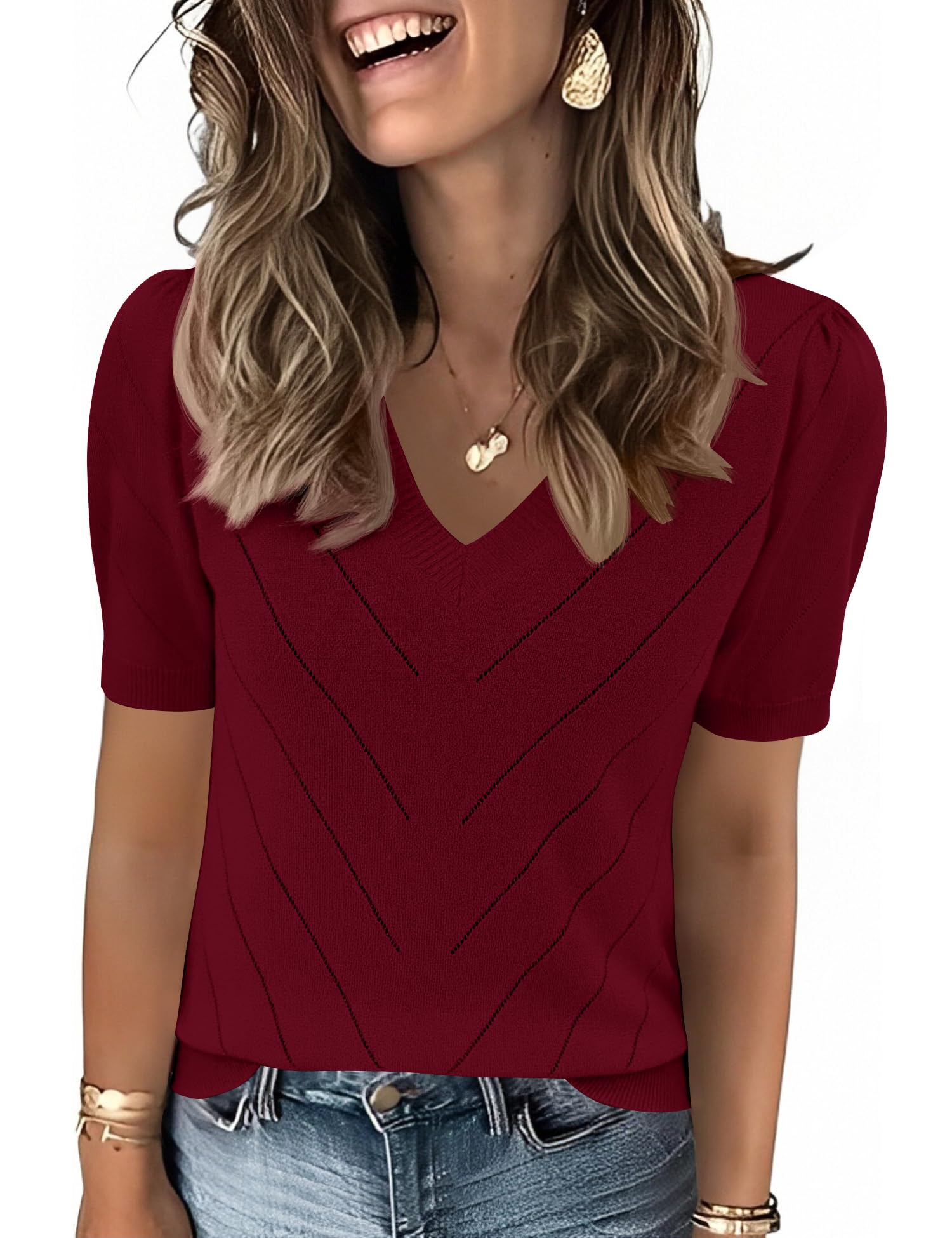 Rapbin Pullover Damen Sommer Kurzarm Pulli Shirt V Ausschnitt Oberteil Top | Pullover Damen Sommer Elegant Kurzarm Pulli Shirt V Ausschnitt Puffärmel Oberteil Top Leichte Mode Bluse Tshirt