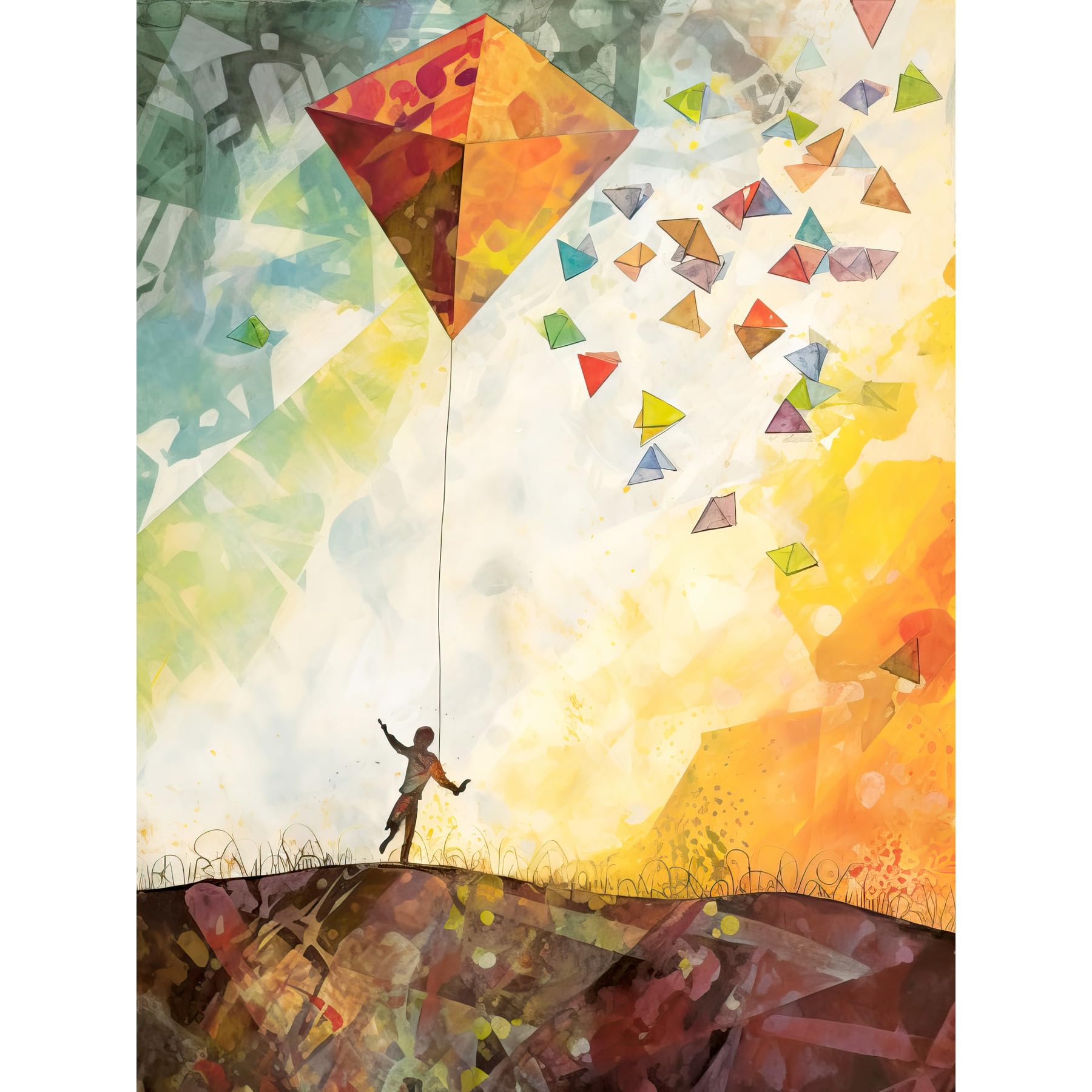 Artery8 Child Flying Big Kite in Rainbow Colour Sunset Sky Large Wall Art Poster Print Thick Paper 18X24 Inch