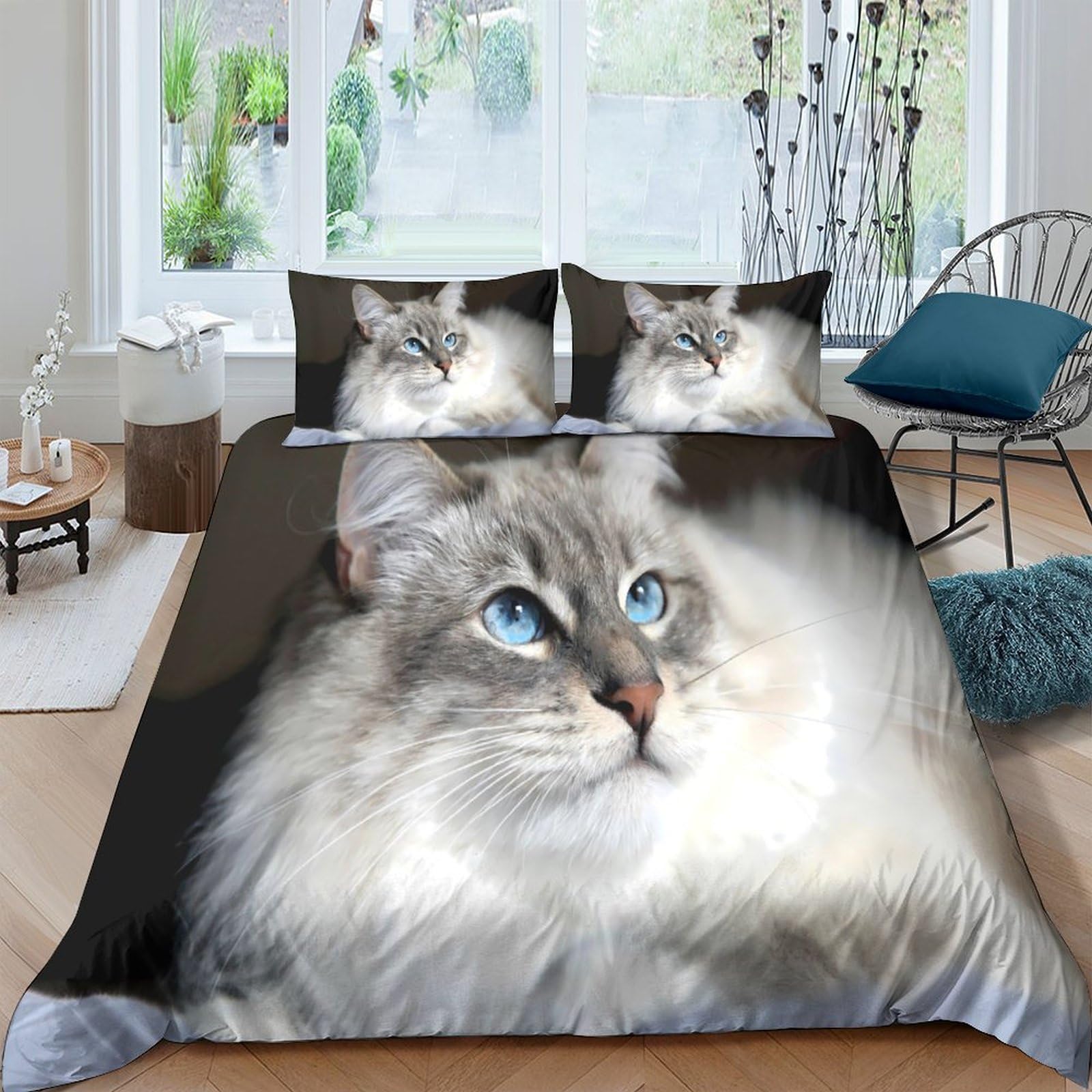 Ctjqhvkz Style-6 3D Printed Blue Eyed Cat Fitted Sheet Microfiber Soft Bed Cover For Bedroom Dorm Mattress Protection Decoration Single（135X200cm）