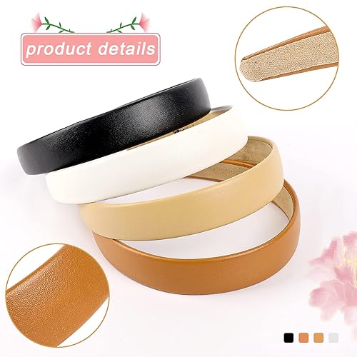 Miniatura 5 de Vin Beauty Paquete de 4 diademas de cuero sólido para mujer, diadema antideslizante de 1 pulgada de ancho, elegantes y suaves, de poliuretano,