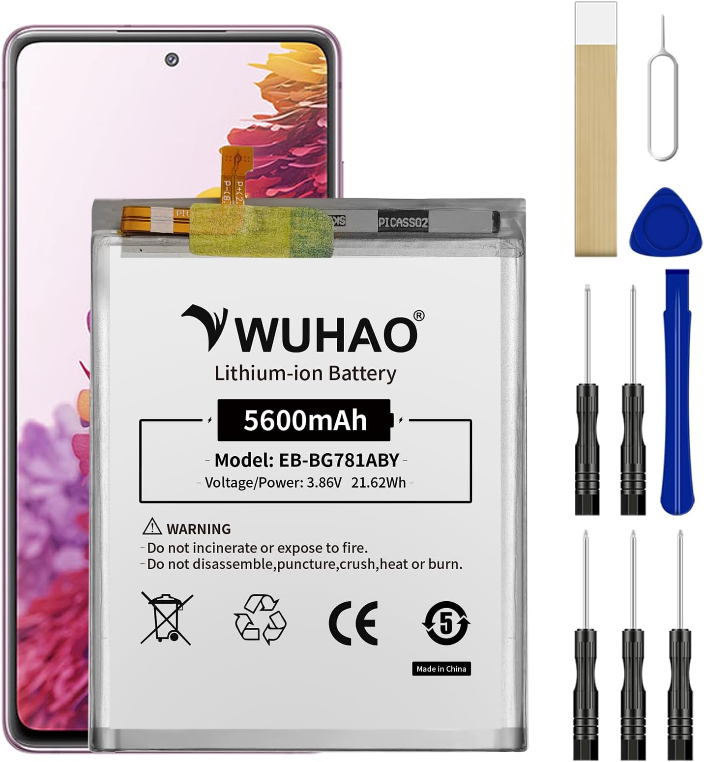 WUHAO for Galaxy S20 FE Battery EB-BG781ABY Battery [Upgraded 5600mAh] for Samsung Galaxy S20 FE/ A52 SM-A526U with Repair Tool Kit
