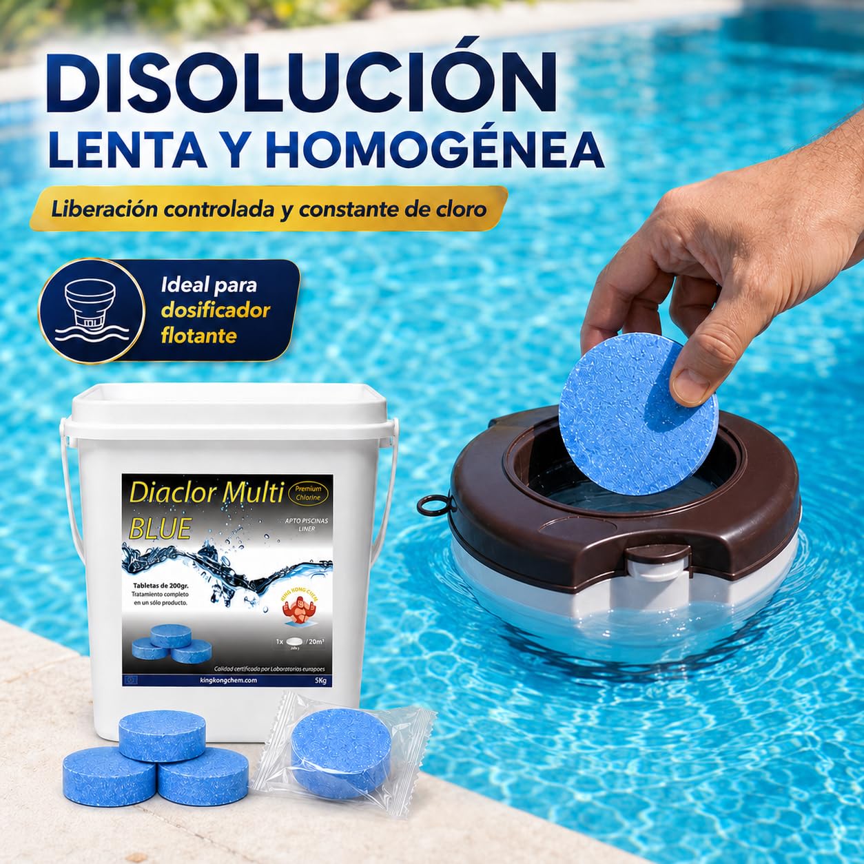 Pastillas de Cloro DIACLOR Multi Blue 200 gr 5 KG Extra clarificante - Envasado Individual - 25 Pastillas de Cloro Multiacción (Pastilla 200 gr - Diámetro 7,5 cm) – SIN Cobre