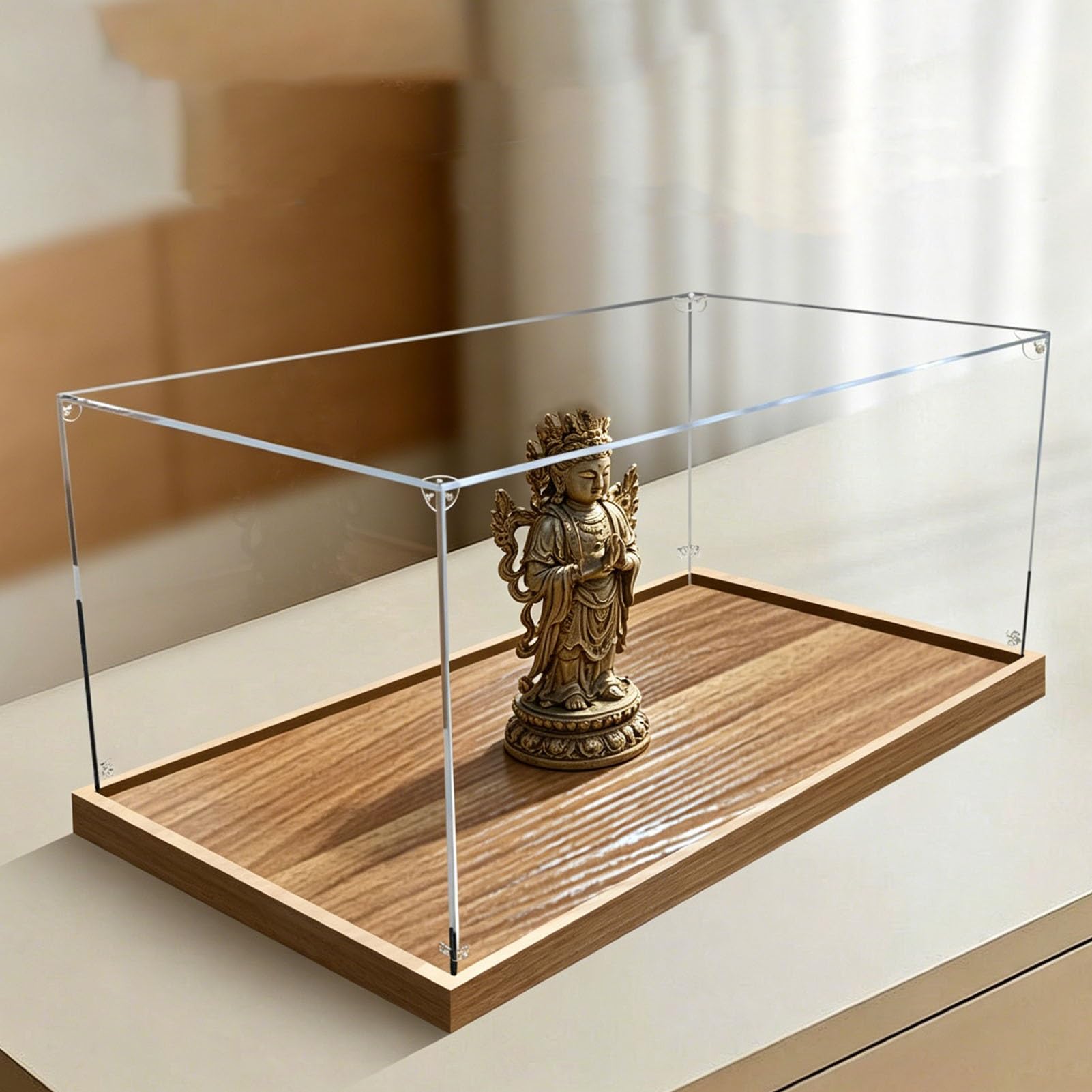 Large Transparent Acrylic Display Box with Wood Grain Base, Stackable Dustproof Display Case for Collectibles, Action Figures, Sculptures(25x25x25cm/10x10x10in)