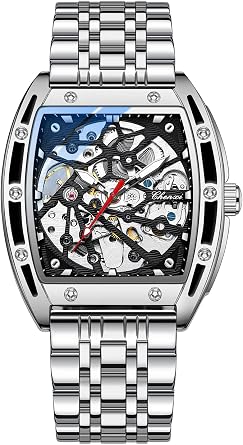 Mens Automatic Skeleton Mechanical Chenxi Series Mens Tonneau Watch Steel Silver Black, steel silver black, Bracelet Type