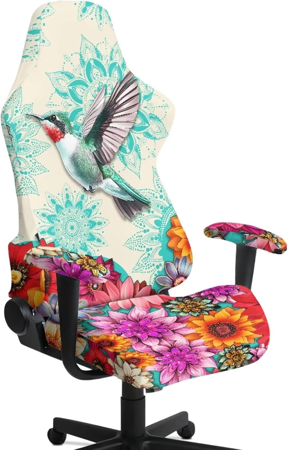 Hummingbird Bohemian Flower Print Gaming Chair Covers with Armrest Covers Non-Slip Computer Chair Slipcovers Washable Elastic Swivel Armchair Protector Home Docor
