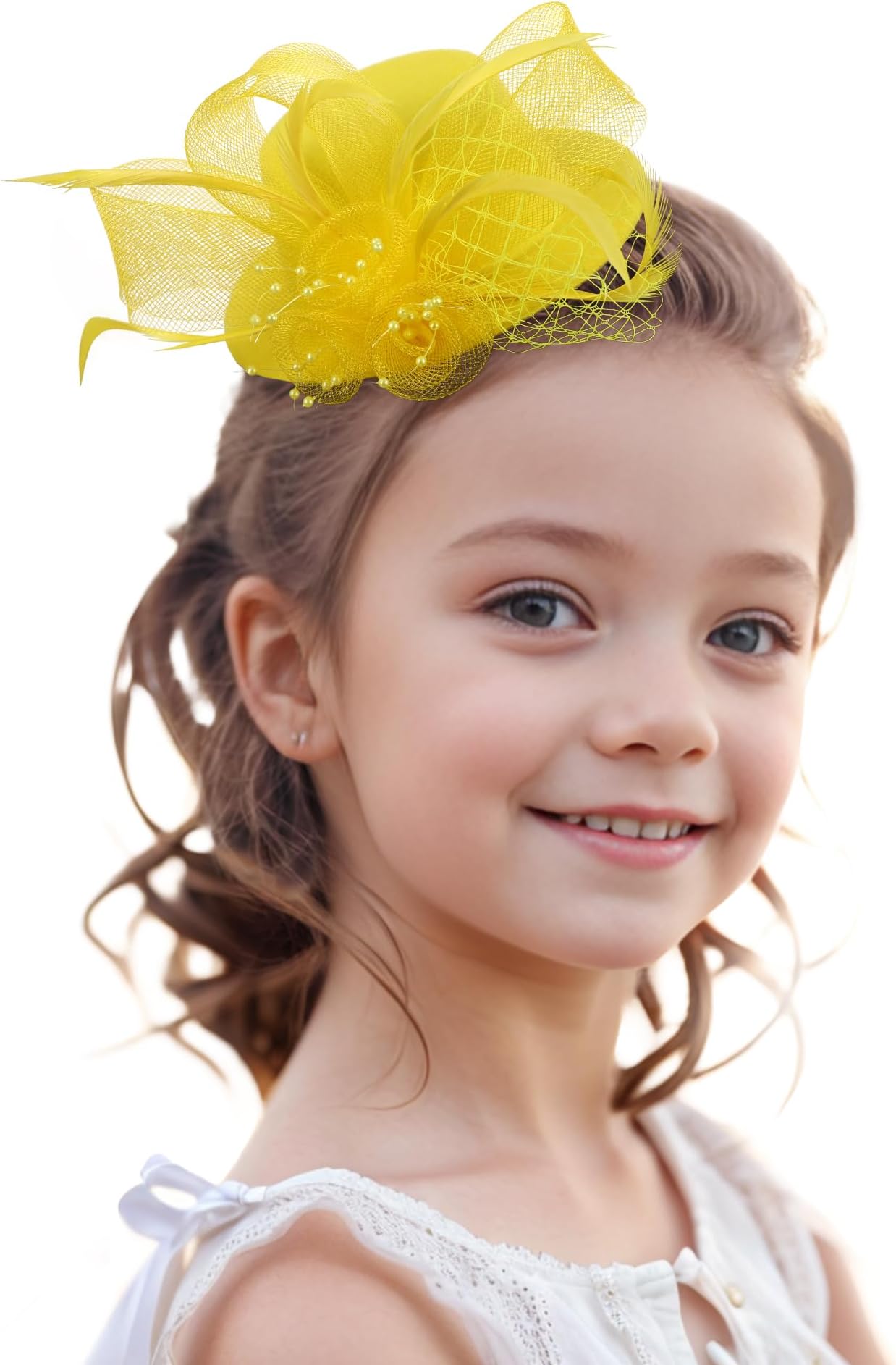 2026 Mini Fascinators Hat - Elegant Small Yellow Kentucky Attire Headwear Accessories 1920s 50s High Tea Party Church Tiny Veil Derby Hat with Hair Clip for Women Girls