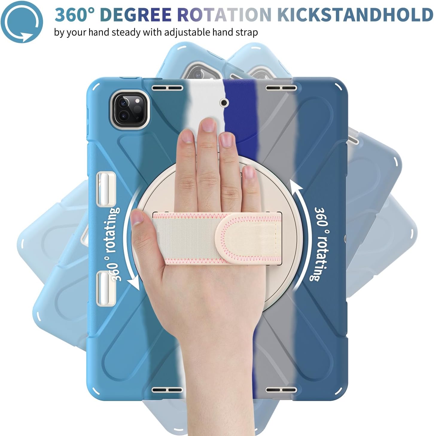 Batianda Case for New iPad Pro 11-inch 2025 M5 2024 M4 Chip Heavy Duty Rugged Durability Silicone Tablet Cover with 360° Rotating Hand Strap Foldable Hidden Stand & Shoulder Strap, Colorful Blue