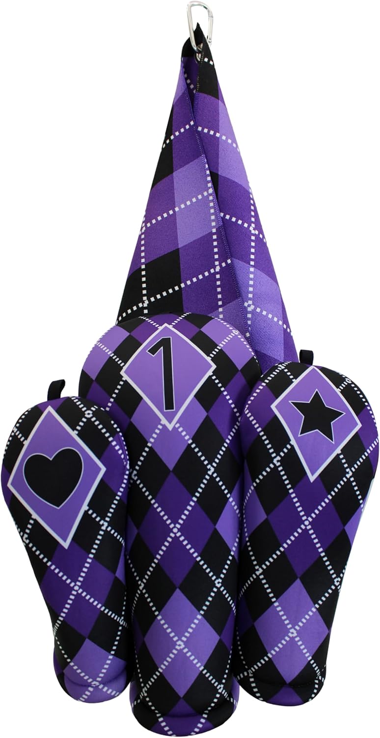 Women's Argyle Golf Club Headcover 4 Piece Gift Set- Includes 1 Driver, 1 Fairway, 1 Hybrid and 1 Matching Microfiber 18" x18' Sports Towel with Carabiner Clip Handmade in USA (Purple)