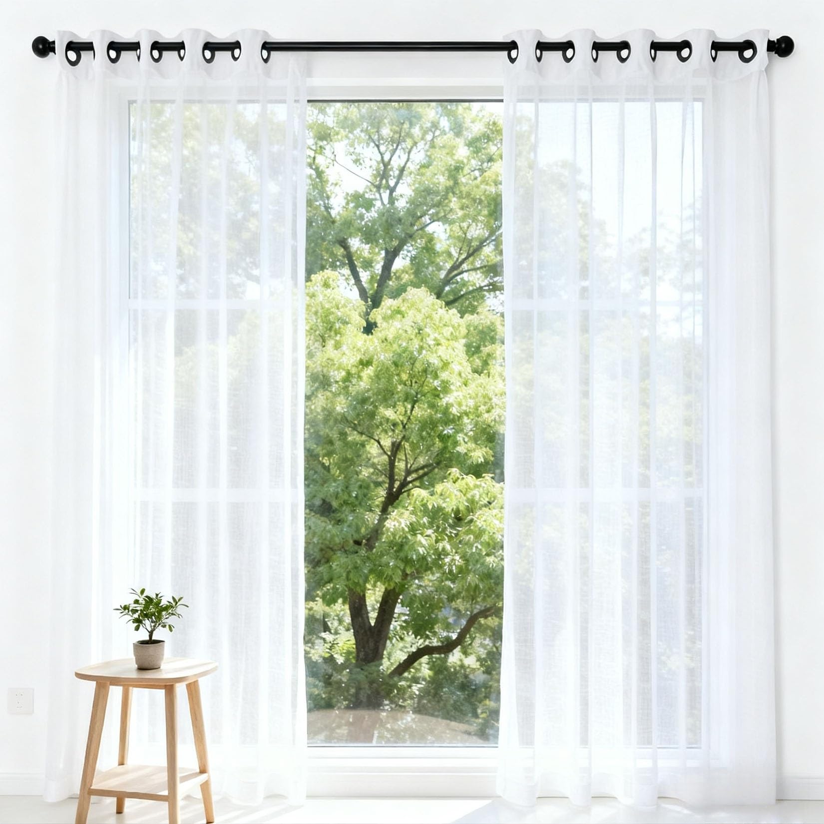 Rideau voilage 265x265 cm blanc semi-transparent en lin doux