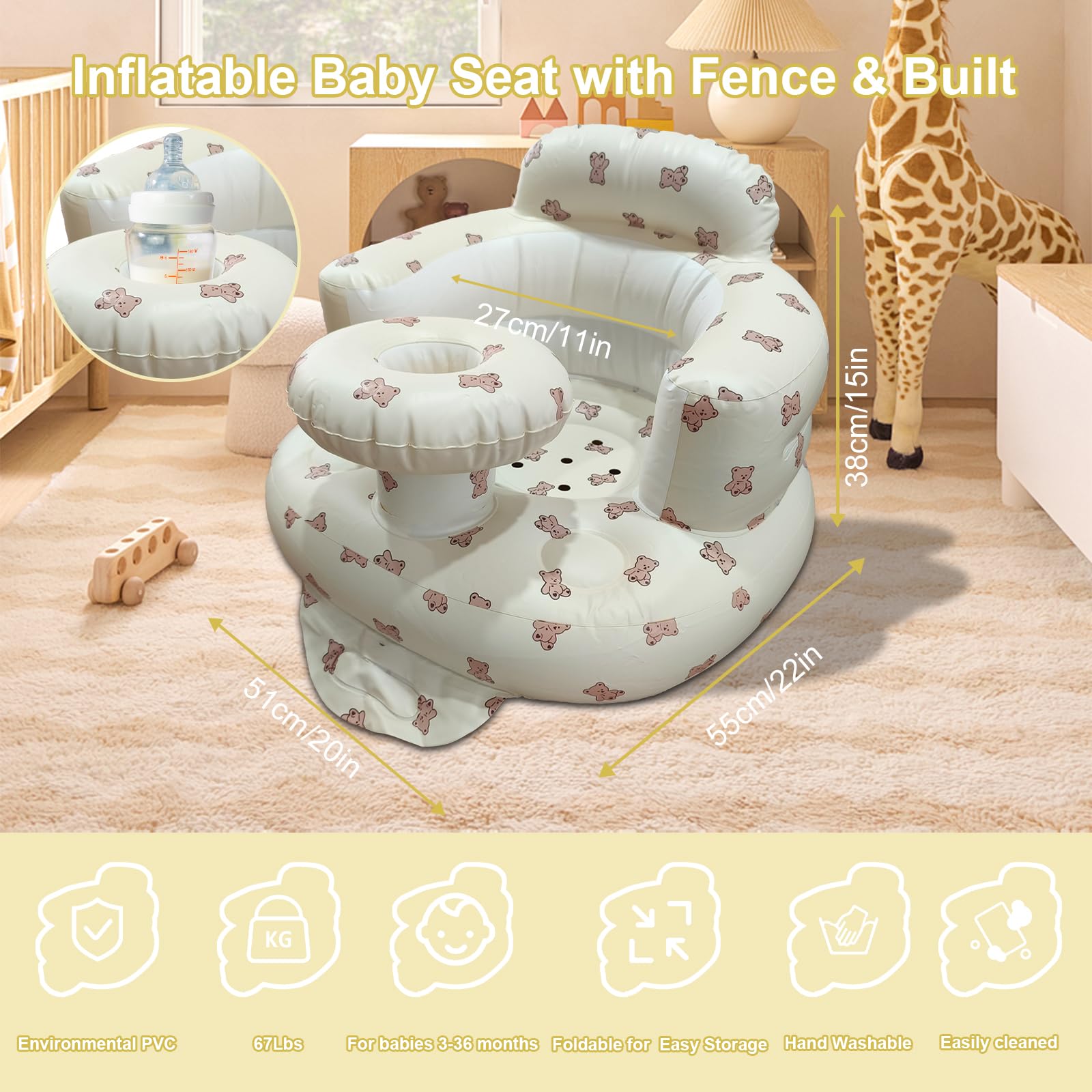 Inflatable Baby Seat for Babies 3-36 Months, Baby Chair with Fence & Built in Air Pump, Blow Up Floor Baby Seat with Back Support, Inflatable Baby Chair Sit Me Up for Home Bear-Tray