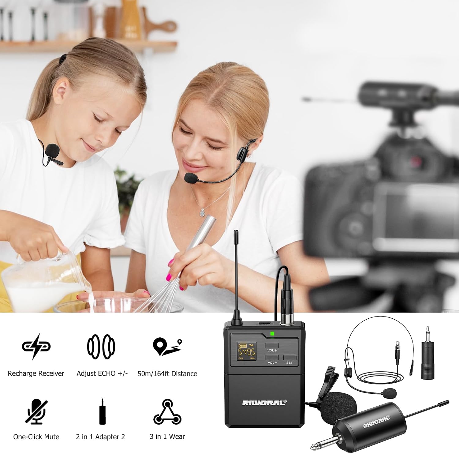 UHF Wireless Lavalier Microphone System-Lavalier & Headset Mics with Bodypack,USB Rechargeable Receiver,15 Channels 50 m/164ft 1/8'' and 1/4'' Plug for Recording,Teaching, Church, Live,PA System